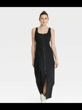 Universal Thread- Denim-Black Zip-Front Midi Dress - Sleek Square Neck